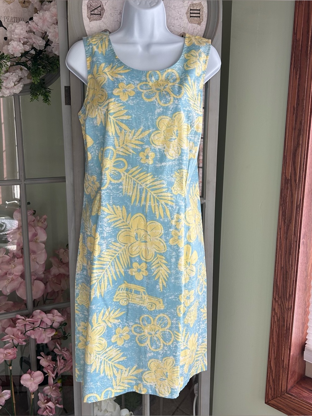 Women’s Tropical Floral Sheath Sleeveless Sundress Light Blue & Yellow Size L
